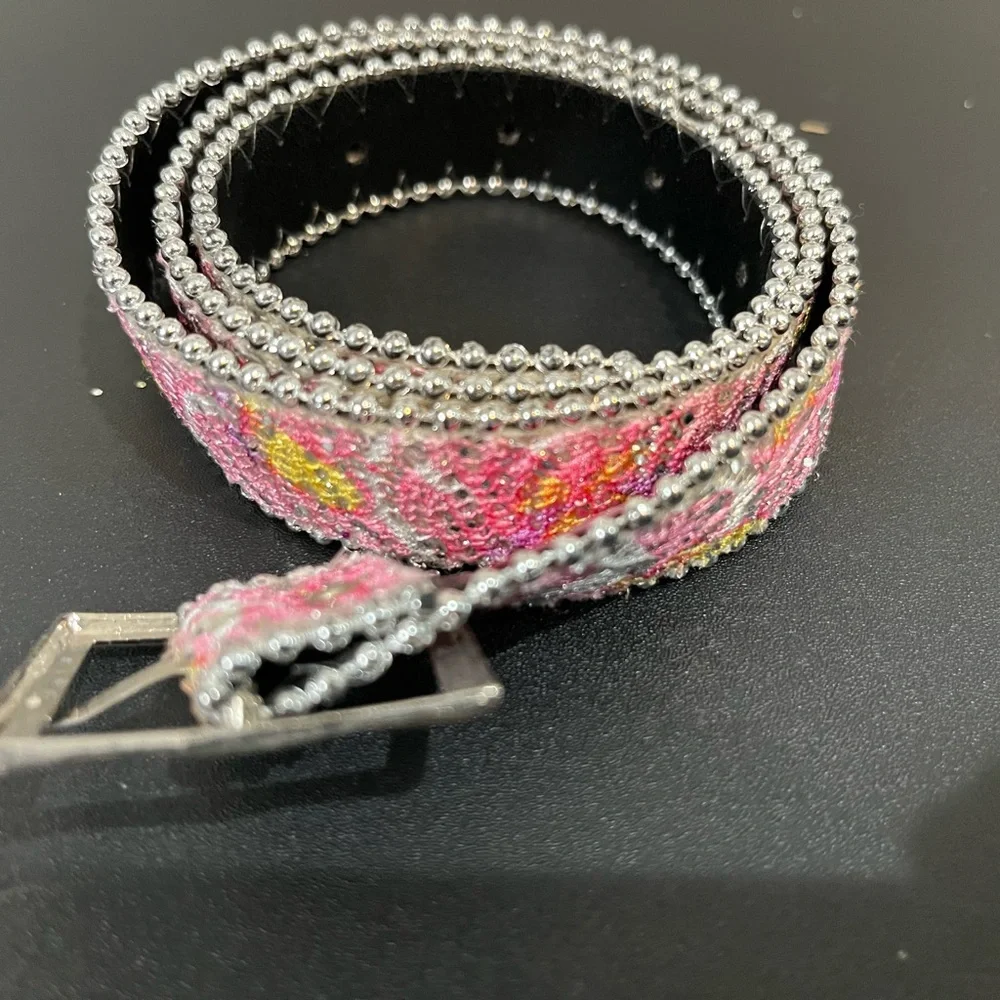 Pink Floral Beaded Kids Belt with Silver Accents